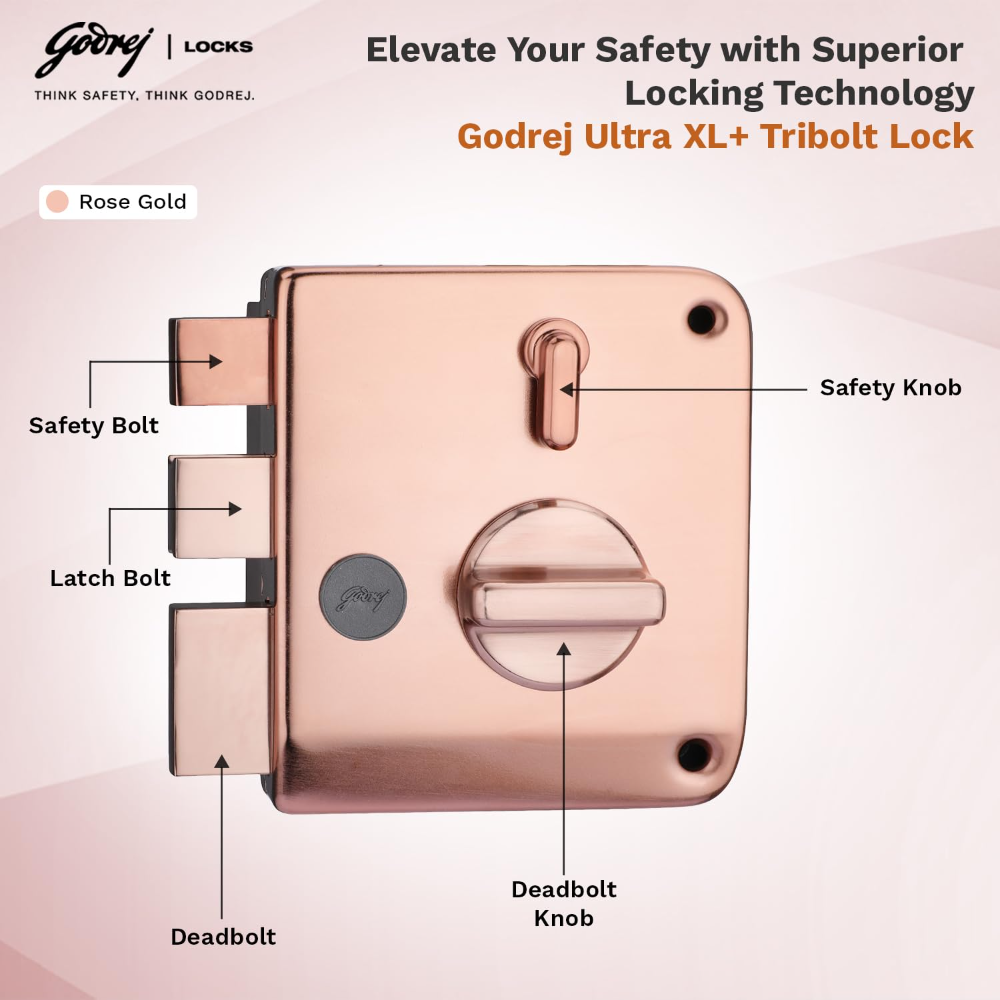 Godrej Rim Lock I Tribolt Ultra XL plus  l 1CK Deadbolt I for Inside Opening Wooden Door | Left or Right Handed Doors I 4 Keys I 5-Year Warranty I Manual Locking l Rose Gold Finish